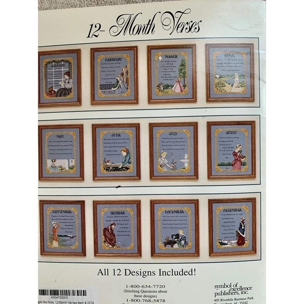 Birth Month counted cross stitch patterns Forget Me Nots 12 Month Verses Angela